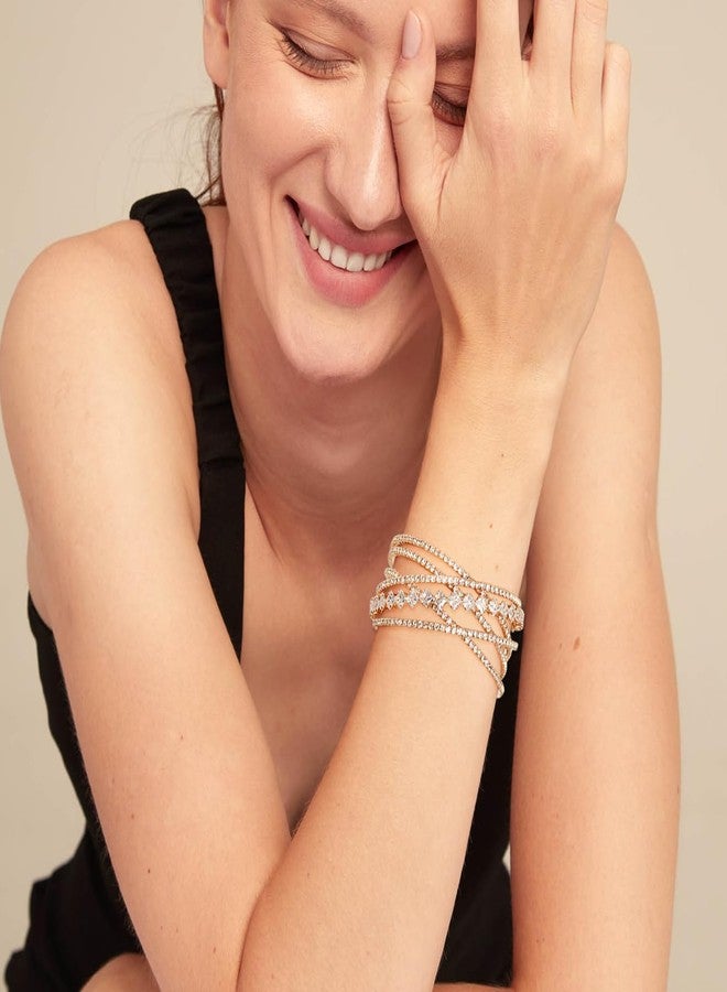 Wovanoo Rhinestone Bracelets Multilayer Cuff Bracelet Sparkling Crystal Layered Bridal Bracelets for Women Gold 3 - Image 2
